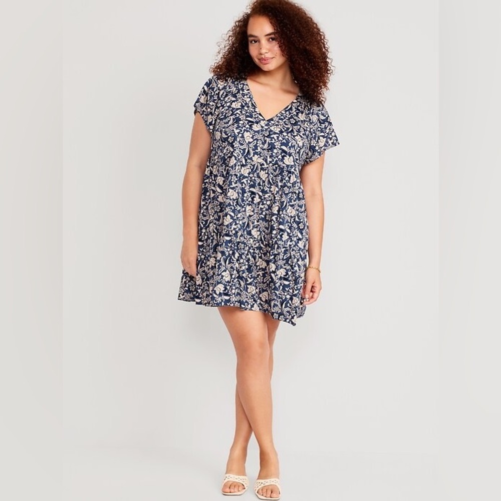 Old Navy V-Neck Tiered Mini Swing Dress in Blue/Tan Floral, Women's 3X - Picture 12 of 12